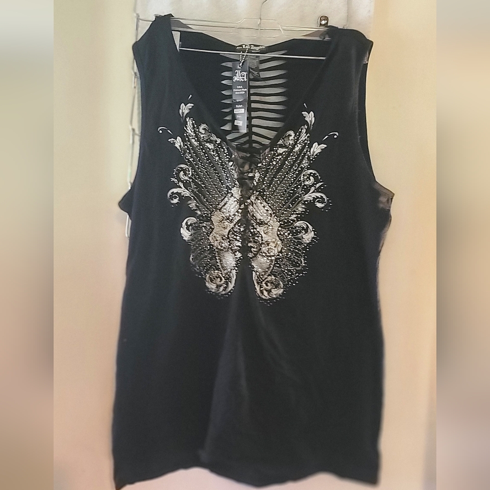 NWT Platinum Plus Bus Stop Black Sleeveless Top  Metallic Angel Wing Design 3x